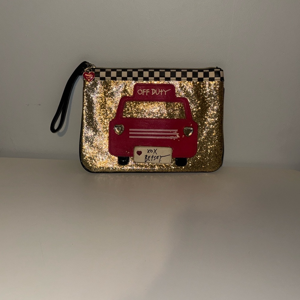 Betsey Johnson Gold Glitter Clutch with Red Car Design